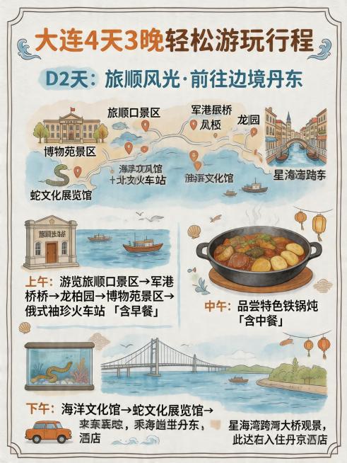 大连4天3晚轻松游玩行程，D2天旅顺：旅顺口景区-军港栈桥 -龙柏园-博物苑景区-俄式袖珍火车站 -海洋文化馆-蛇文化展览馆-跨海大桥-尝舌尖上的美食铁锅炖！结束行程后（约3.5小时）赶赴中国北端海岸预览效果