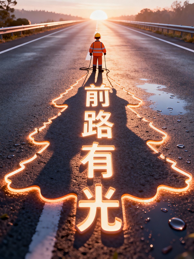 3D微缩艺术风，霓虹灯字“前路有光”映衬光影感，工人背影行于宽阔公路，夕阳辉映励志氛围，节日祝福跃然眼前。