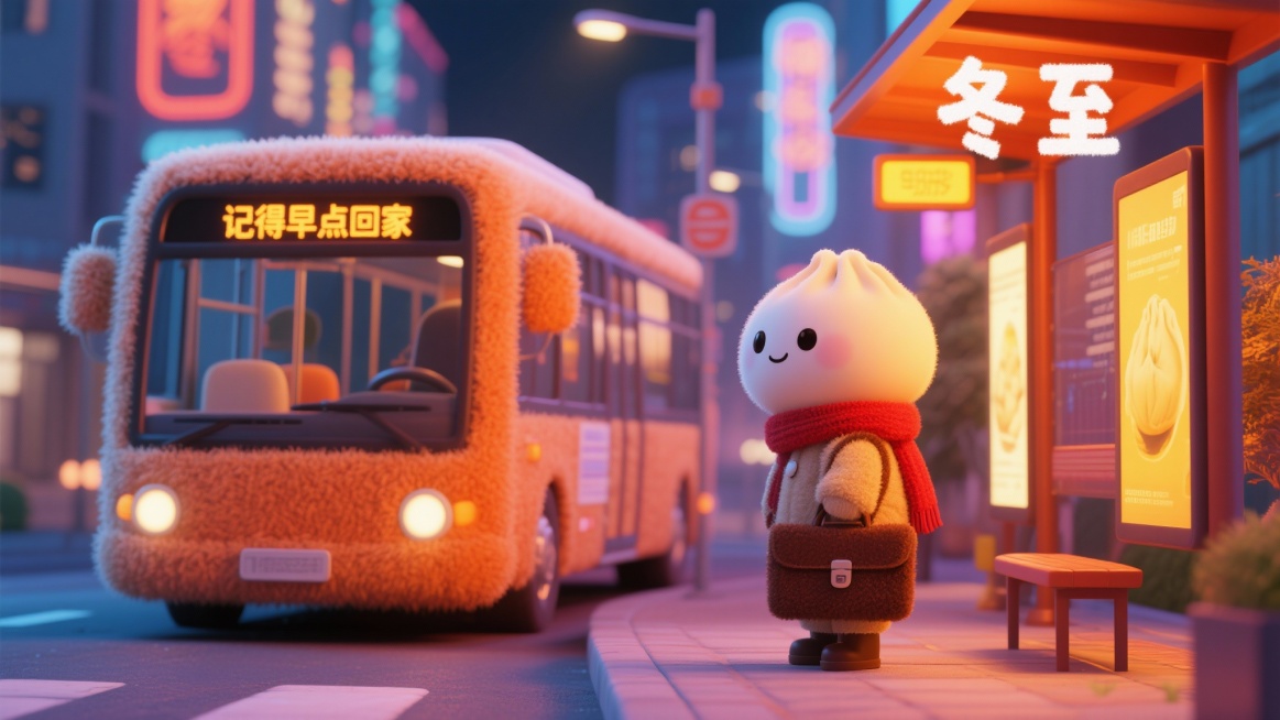 一辆毛绒公交车，车头显示屏写着“记得早点回家”向画面中驶来。3D毛毡风格的卡通饺子围着红围巾，背着咖色毛绒公文包站在公交站台目光柔和地望向车来的方向，画面右上角是竖排白色毛绒绒字“冬至”。站台的广告灯预览效果