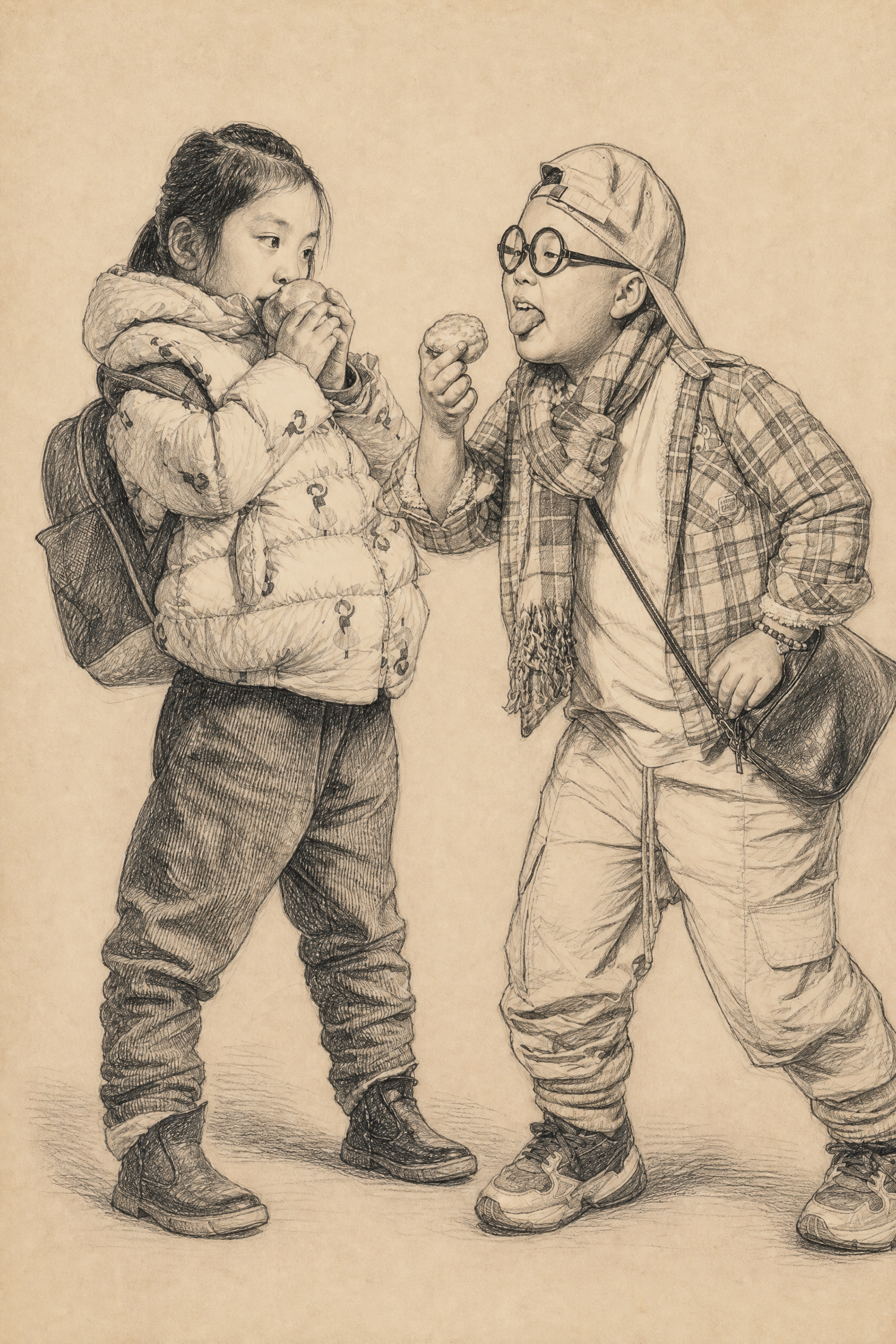 列宾风格线描速写，偏线描为主适当带明暗调子，参考两张儿童照片的… - 图片创意预览