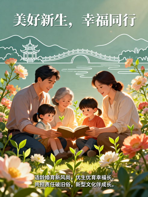 海报主题"美好新生，幸福同行"，温馨柔和色调背景，画面中央多元家庭和谐互动，父母和孩子共同阅读，周围环绕绽放花朵、萌芽绿植、温暖阳光，背景融入简化西湖断桥、浙江山水轮廓，底部放置宣教文字"适龄婚育新风预览效果