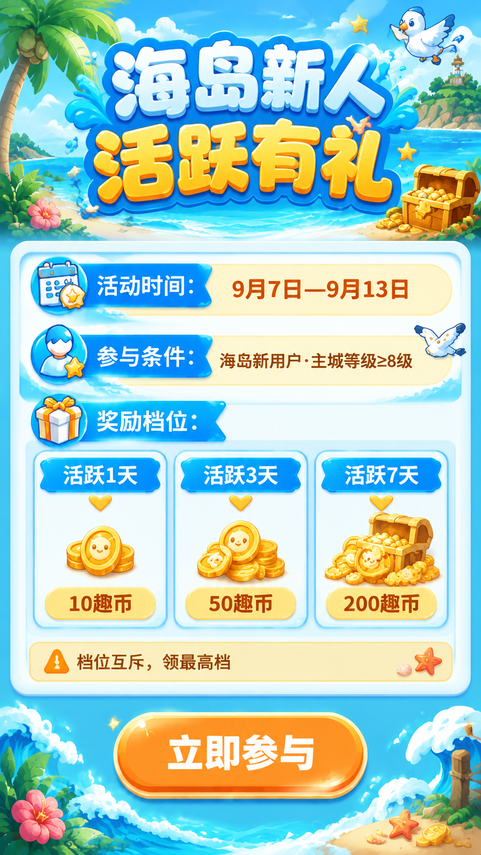 参考图的海岛夏日卡通Q版风格和版式骨架，做一张竖版游戏活动弹窗… - 图片创意预览
