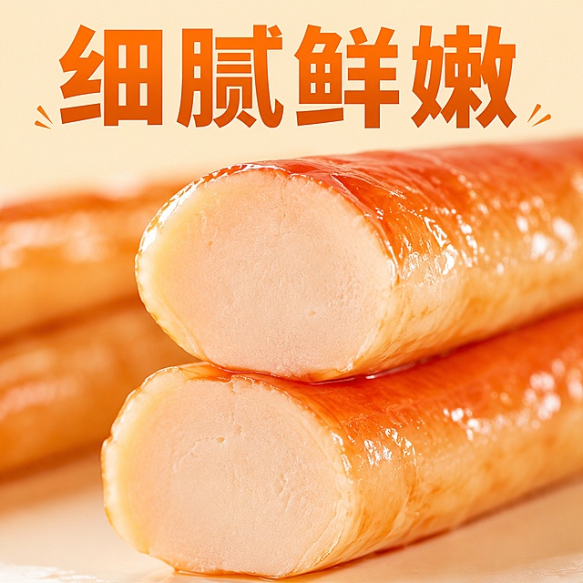 [主图-5] 蟹柳棒口感特写展示。[氛围风格] 微距特写，突出细腻鲜嫩质感。[画质] 超高清微距摄影，纹理细节清晰。[元素] 微距特写切开的蟹柳棒横截面，展示均匀细腻的内部质地，背景虚化放两整根蟹柳棒。保持产品颜色和原图一致，不显示纤维和可见颗粒。特写主体占比约70%。[光影] 侧逆光打透蟹柳本体，突出均匀细腻质感，柔和阴影，通透有食欲。[配色] 暖橙蟹柳搭配浅米背景，简洁干净。[视角构图] 特写居中，浅景深突出横截面细节。[文字版式] 上方标注"细腻鲜嫩"，深橙色粗体大字，醒目清晰。[输出要求] 正方形800*800，超高清细节清晰。[负向提示词] 纤维颗粒可见，变形，文字模糊，背景杂乱