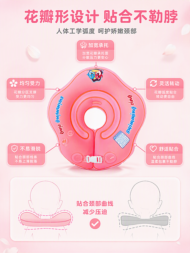 [第3张] 产品结构-花瓣形贴合设计解析。本张使用【图1】作为商品主体。
[氛围/风格] 温馨柔和，粉色渐变背景，结构解析清晰，母婴风，商业摄影质感。
[元素布局] 粉色花瓣形婴幼儿游泳脖圈正面全貌位于画面中央偏上，占画面约50%；周围用细引线连接五个花瓣凸起部位，每个引线末端有一个圆角小卡片说明设计优势；下方有婴儿颈部曲线示意图，用虚线对比展示花瓣形如何贴合颈部曲线，减少压迫感；背景为浅粉色渐变到奶油白的柔和背景，点缀几片白色小花瓣装饰。保持脖圈外观（物理结构、材质质感、粉色、花瓣形状、卡扣设计、双气囊）与输入产品图一致，杜绝变形和色差。
[光影质感] 顶部柔光均匀打亮，侧方辅光勾勒花瓣边缘弧度；PVC表面有细腻高光过渡；整体柔和明亮。
[配色色系] 全局底色 #FFF0F5（浅粉白）；主色粉嫩（脖圈）；辅助色奶油白、浅粉、白色。
[视角构图] 正面平视角度，脖圈居中；五张说明卡片环绕产品呈放射状分布；下方颈部曲线示意补充说明；构图饱满均衡。
[文字版式] 顶部大标题「花瓣形设计 贴合不勒脖」，粉色圆润粗体无衬线居中；副标题「人体工学弧度 呵护娇嫩颈部」，深灰色小号。五张圆角卡片分别标注：「加宽承托」「均匀受力」「灵活转动」「不易滑脱」「舒适贴合」，白字浅粉底圆角卡片。下方示意图旁标注「贴合颈部曲线 减少压迫」。
[比例分辨率] 3:4 竖版比例，4K 分辨率，文字清晰可辨，高清画质。
[负向提示词] 变形，水印，文字错乱，文字过小，缺件错件，结构错误，颜色偏差，产品图模糊，背景杂乱。