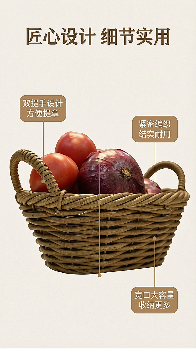 「图片1」，生成一套详情页，商品名称为手工编织，PP材料，家用收纳篮/办公室手拿篮，适配淘宝/天猫平台，单图比例为9:16，需求屏数为7张。