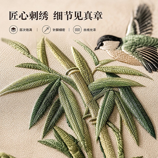 淘宝天猫电商主图，正方形1:1比例，刺绣硬包背景墙细节展示图。画面主体为刺绣皮革的超近距离特写，清晰展现丝线的光泽感、肌理感和层次感，针脚细密饱满，刺绣图案为翠竹花鸟细节，丝线有自然光泽反光，能看到皮革底材的细腻纹理。画面上方有标题文字"匠心刺绣 细节见真章"，旁边标注"层次饱满 针脚细密 丝线光泽"。画面质感高级，微距摄影效果，光影柔和突出刺绣立体肌理，电商产品细节图风格