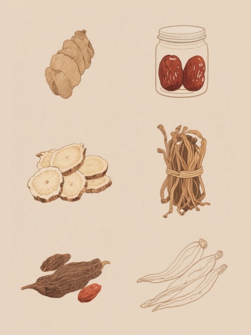 六个规整排布的养生食材插画，采用简约现代造型，保持手绘水彩质感的线稿风格，柔和的米色与棕色为主色调，纯色背景，包含不同种类的养生食材，如罐装红枣、药材切片、干货捆束等，线条流畅自然，色彩过渡柔和，无任何文字、logo和水印。预览效果