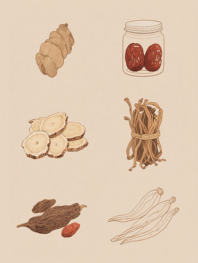 六个规整排布的养生食材插画，采用简约现代造型，保持手绘水彩质感的线稿风格，柔和的米色与棕色为主色调，纯色背景，包含不同种类的养生食材，如罐装红枣、药材切片、干货捆束等，线条流畅自然，色彩过渡柔和，无任何文字、logo和水印。