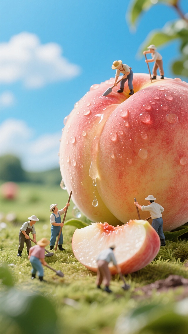 微缩艺术风与重拟物风结合，梦幻感十足的桃园场景，水珠滴落瞬间定格，3D质感细腻，超现实主义呈现清新趣味。