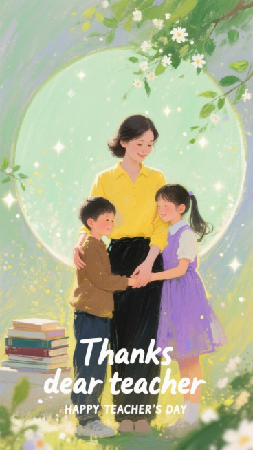 画面中心是一位穿着黄色上衣、黑色裤子的女教师，她身边围绕着两个孩子，男孩穿着棕色上衣和深色裤子，女孩穿着紫色连衣裙，孩子们正依偎在老师身旁，老师双手轻抚他们。背景是浅绿色的圆形，周围点缀着绿色枝叶和白预览效果