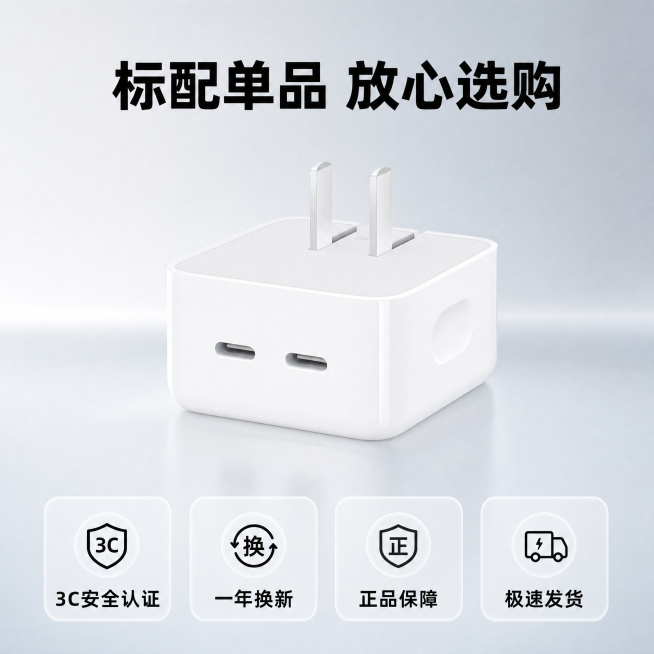 [主图-5] 售后保障展示主图。氛围风格：简约科技质感风，整体和第一张风格统一。画质：商业摄影质感、光线柔和通透、产品清晰真实、画面干净高级。元素：本款50W双Type-c充电器放置在画面上半部分，保预览效果