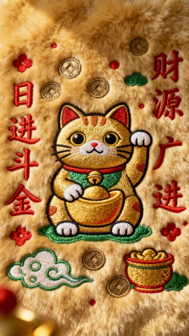 毛绒质感背景，主体为一只圆滚滚的刺绣金色招财猫，瞪着大眼睛，爪子抱着金元宝，周围环绕着铜钱、聚宝盆和祥云图案，两侧配以竖排的吉祥祝福语“日进斗金”“财源广进”，整体色调以金色、红色、绿色为主，温暖喜庆预览效果