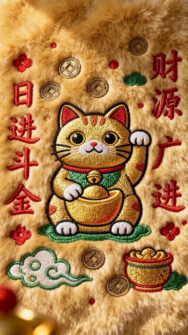 刺绣风国潮设计，拟人招财猫手捧金元宝，喜庆红金配色，卡通感十足，融合祥云钱币元素，传递新春财运亨通祝福。