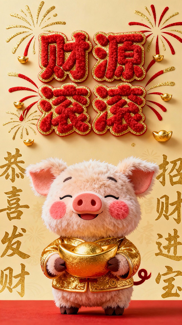 以发财为主题的毛绒风格海报，画面上方是立体植绒质感的“财源滚滚”四个大字，字体选用喜庆的正红色，边缘有金色描边，周围环绕着金色和红色的烟花线条装饰，烟花线条末端点缀着小巧的金色元宝图案。海报下方是一个穿着金色毛绒唐装的卡通小猪IP形象，小猪双眼微闭，嘴角上扬，双手抱着一个大金元宝，脸颊泛着红晕，耳朵和尾巴的毛绒质感蓬松柔软，整体色调以红色和金色为主，营造出浓厚的发财喜庆氛围，背景为米黄色，上面散布着“恭喜发财”“招财进宝”等金色手写体吉祥文字。