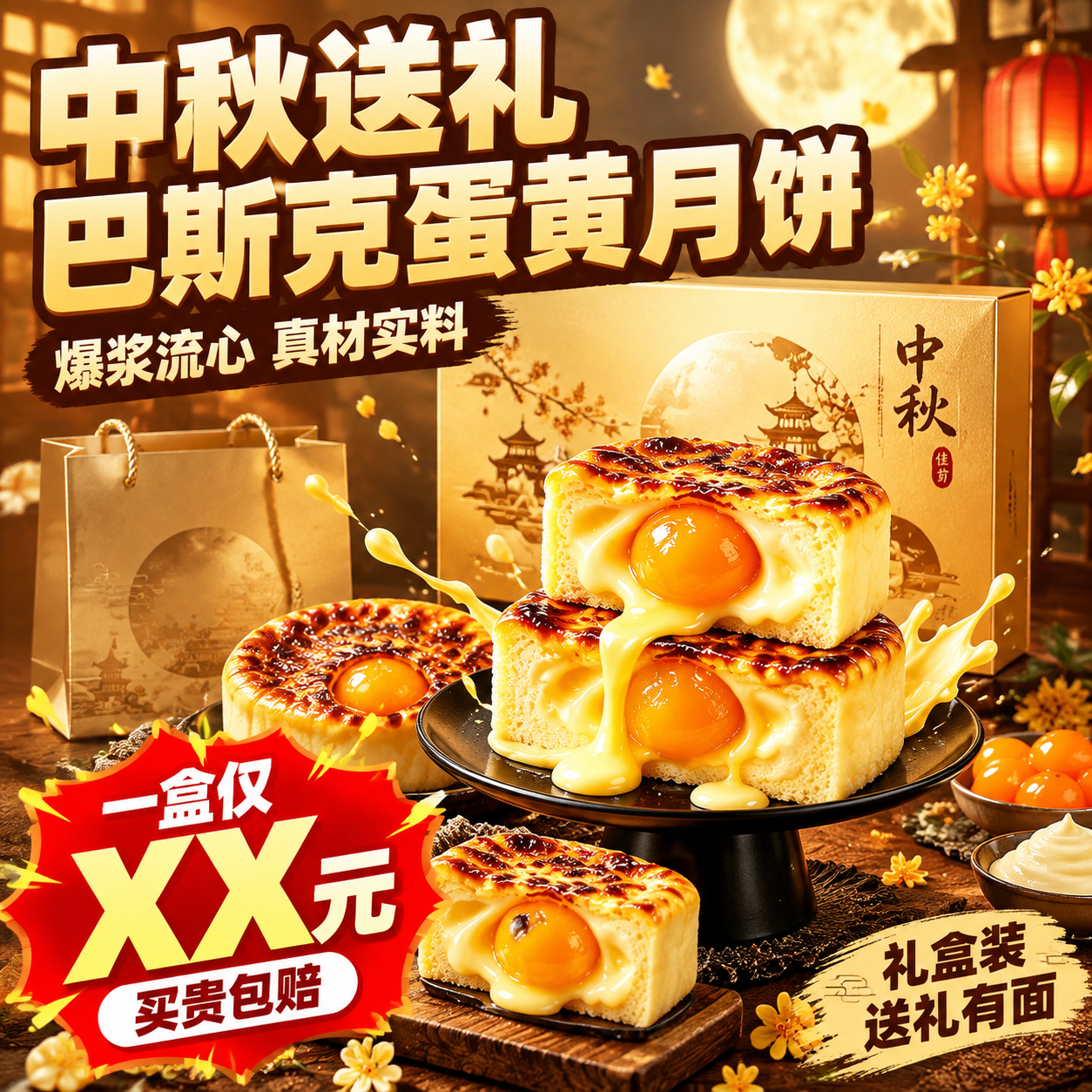 [主图-1] 中秋礼盒巴斯克蛋黄月饼首图，主打食欲诱惑+中秋送… - 图片创意预览