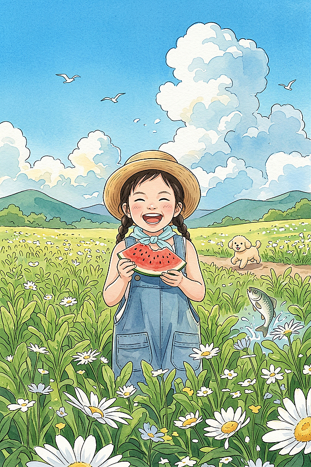 参考第一张图的女孩形象，结合治愈系插画风格，绘制女孩在油麦菜田中吃西瓜，整体清新治愈，色彩明亮柔和