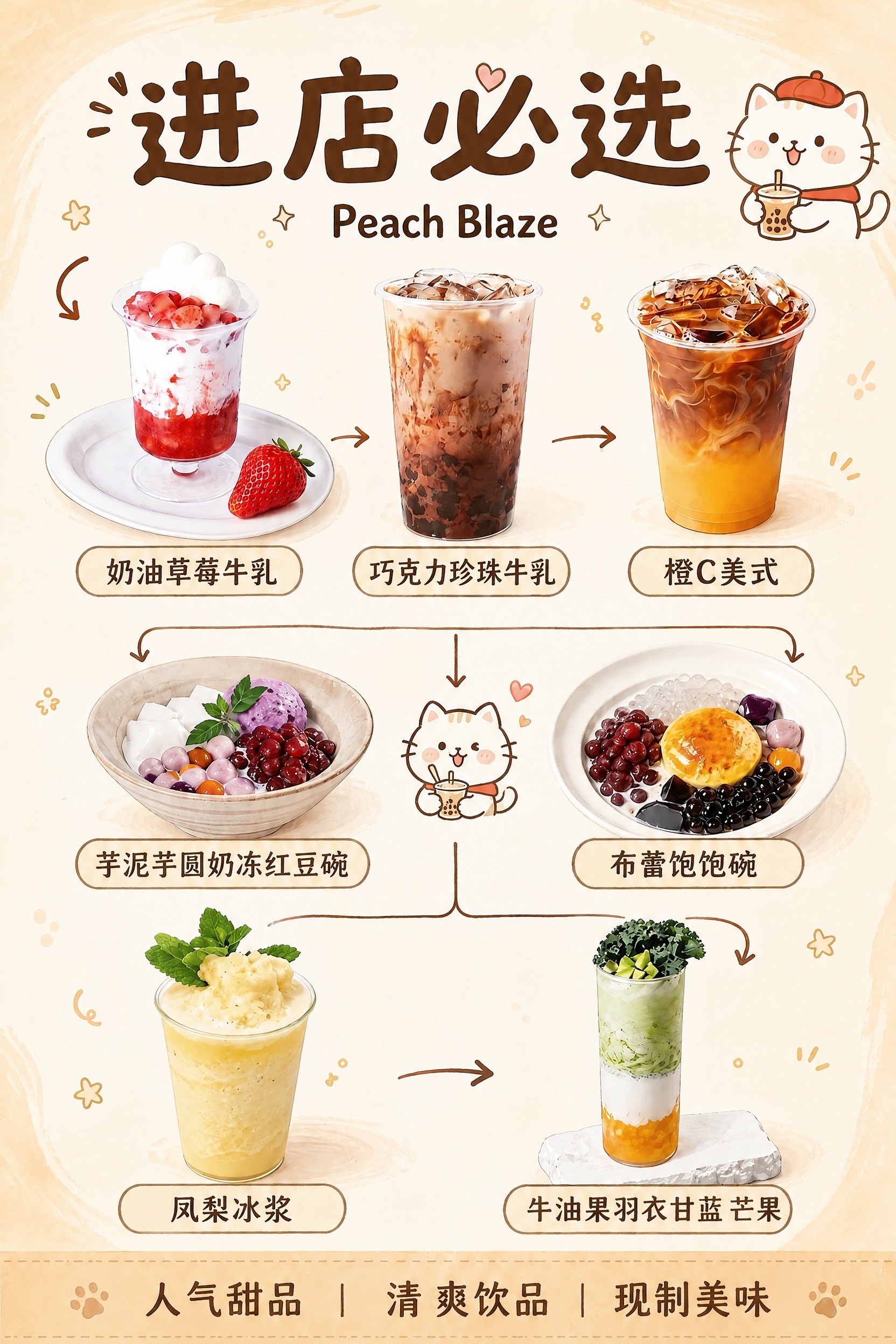 仅对这一张“进店必选 Peach Blaze”饮品菜单图做文字… - 图片创意预览