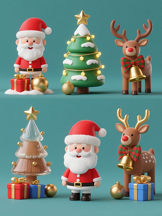 3D立体风格的圣诞系列素材集合，以纯色背景为衬托，规整排布六个完全不同材质的同元素同造型圣诞组合。每个组合包含戴着红色圣诞帽、白色胡须、红色上衣的欢快圣诞老人，顶部有金色星星、挂满金色灯饰和白色积雪的绿色圣诞树，戴着红色帽子的棕色驯鹿，金色铃铛系着红绿格子蝴蝶结，以及红色、金色、蓝色等礼物盒和装饰球。六组元素分别呈现光滑塑料、哑光陶瓷、磨砂金属、木纹质感、透明玻璃和柔软绒毛材质，保持统一的3D立体造型和圣诞主题内容，整体布局整齐有序，营造出欢乐喜庆的圣诞氛围。