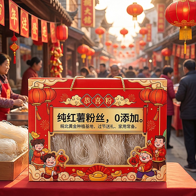 生成产品主8个不同的图片，图尺寸800*800的，主体节日喜庆点的，文案包含：纯红薯粉丝，0添加。 皖北黄金种植基地，过节送礼、家用常备。