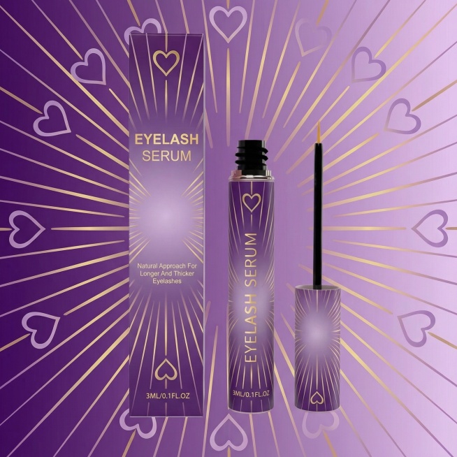 参考图中紫色渐变+放射线条+爱心元素的风格，为这款睫毛增长液设计包装，保留产品名称和容量信息预览效果
