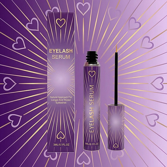 参考图中紫色渐变+放射线条+爱心元素的风格，为这款睫毛增长液设计包装，保留产品名称和容量信息