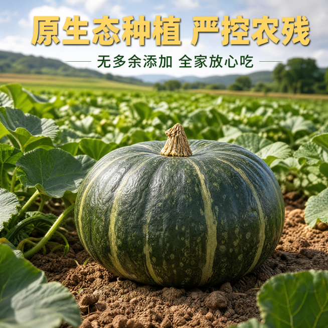 [主图-2] 贝贝南瓜核心产地溯源展示；
[氛围风格] 原生态种植真实自然风；
[画质] 商业摄影质感、光线柔和通透、产品清晰真实、画面干净高级；
[元素] 保持贝贝南瓜外观与输入图片绝对一致，避免变预览效果