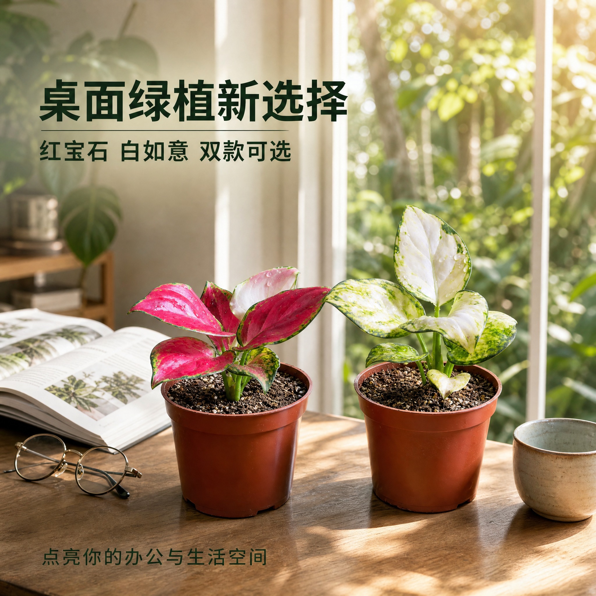 [主图-4] 室内桌面场景展示，主题：两款粗肋草盆栽摆放在家居… - 图片创意预览
