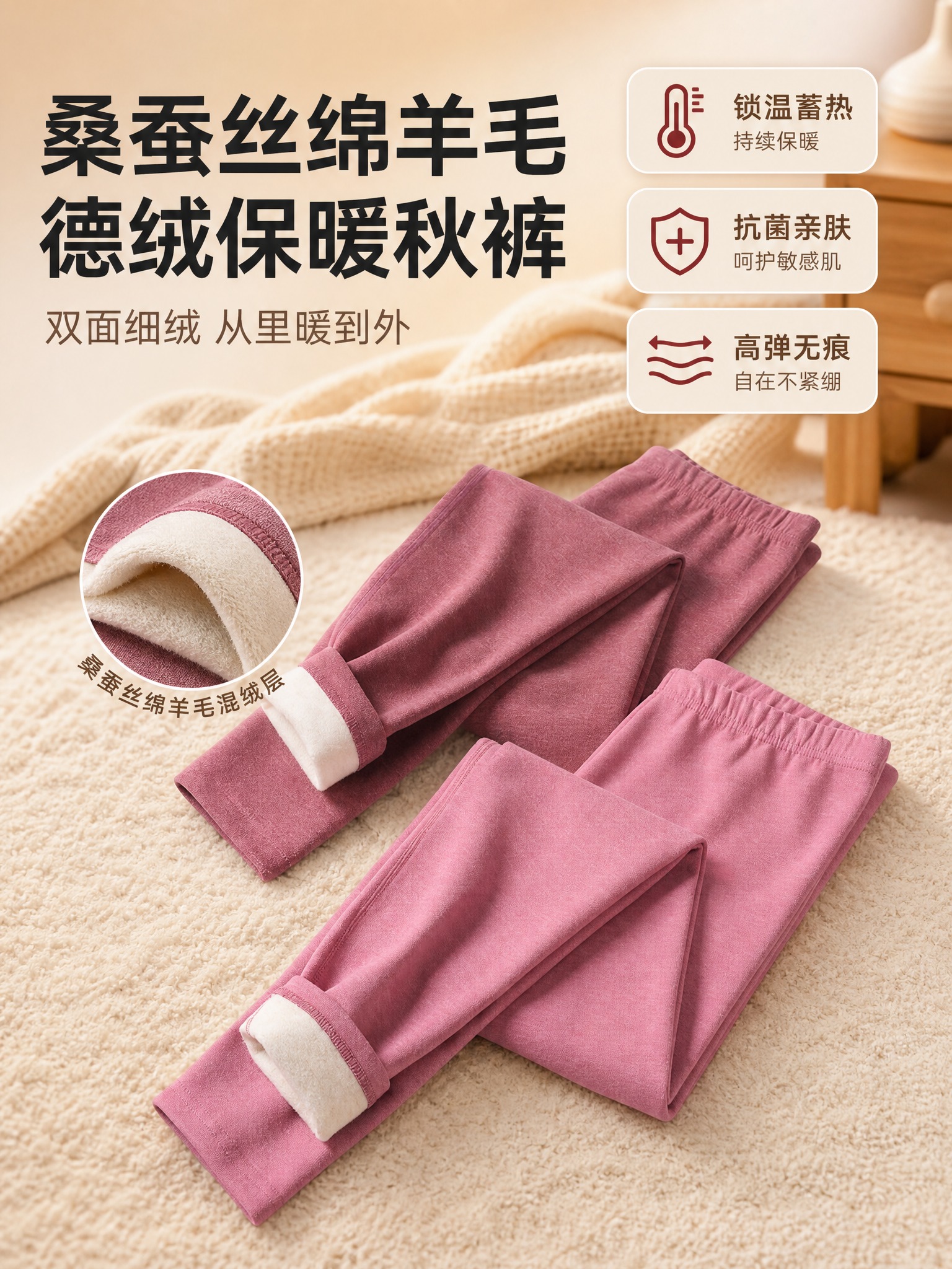 [主图-1] 女士桑蚕丝绵羊毛德绒保暖秋裤 核心卖点首图 冬季… - 图片创意预览