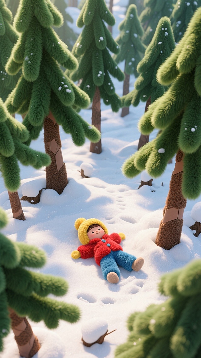 一片冬日森林场景，森林里有大量高大的松树，一个小孩躺在雪地上，摆动手和脚在雪地上形成痕迹，正面高空俯拍视角