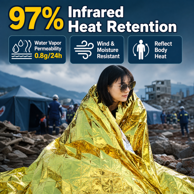 [Main Image 2] Outdoor survival scenario with model wearing golden emergency blanket. Model is South预览效果