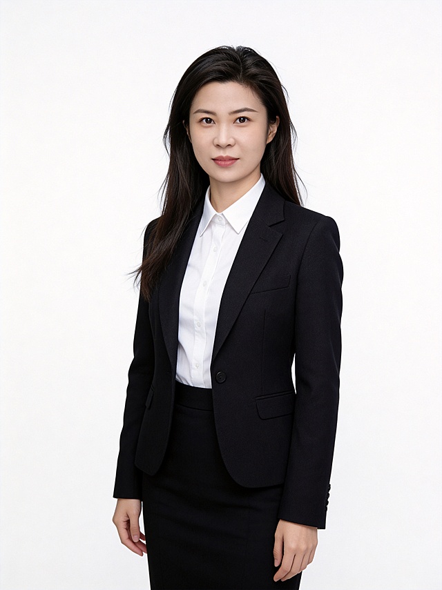 参考图中保留人物脸型、发型、年龄等特征生成职业形象照，标准焦段50mm，f/4光圈，平视视角，镜头与人物视线齐平；人物占画面70%，人物居中，居中构图，位于画面中心，为视觉聚焦点，入境范围头部及以下至臀部下方10cm，半身像；左右留少量背景空间；头部与画面顶部保留5%空间；头部发型完整，头肩比例协调，人物结构准确；发质微微柔顺，微微蓬松；身穿黑色精纺羊毛混纺西装外套，平驳领设计，面料呈细腻微微哑光质感；内搭白色高支精梳棉衬衫；下装黑色精纺羊毛混纺西装套裙；着装正式干练，专业沉稳大方；身形匀称，姿态端正，身体挺拔。保持原图姿势不变，肢体放松且自信；纯色纯白色背景，呈现均匀柔和质感，背景光线均匀柔和，极简干净；32k画质超高分辨率、细节清晰，现代精致感专业高级风格；肤质精细化处理；眼神直视镜头，目光坚定且澄澈，表情自然；清透自然裸妆，轻薄底妆+淡唇妆，妆感轻薄轻透裸肌感，通透感肤质，肤色均匀白皙，雾面柔光裸肌感，保留真实毛孔纹理，自然提亮，正面柔光补光，4800K中性光，面部光比1:1.5，色调明亮，中近景写实摄影，对焦清晰，高清保留皮肤细节；分辨率4K，去除人物之外的所有多余元素，严格按照图片内容生成，画面比例3:4