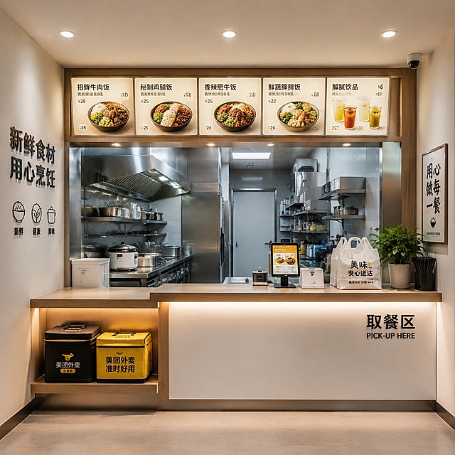 40平方左右的外卖档口，简洁干净的餐饮空间设计，带有操作台和取餐区