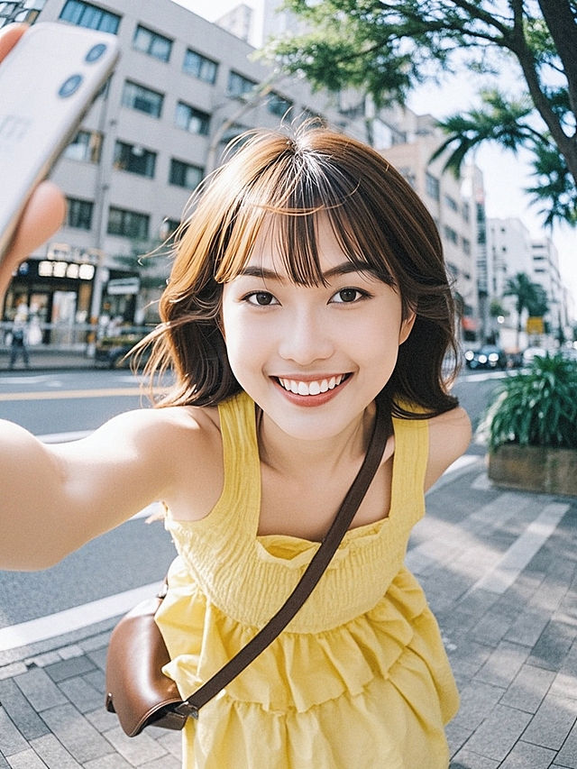 清新，杂志感十足，阳光明媚，少女自拍，活力四溢。