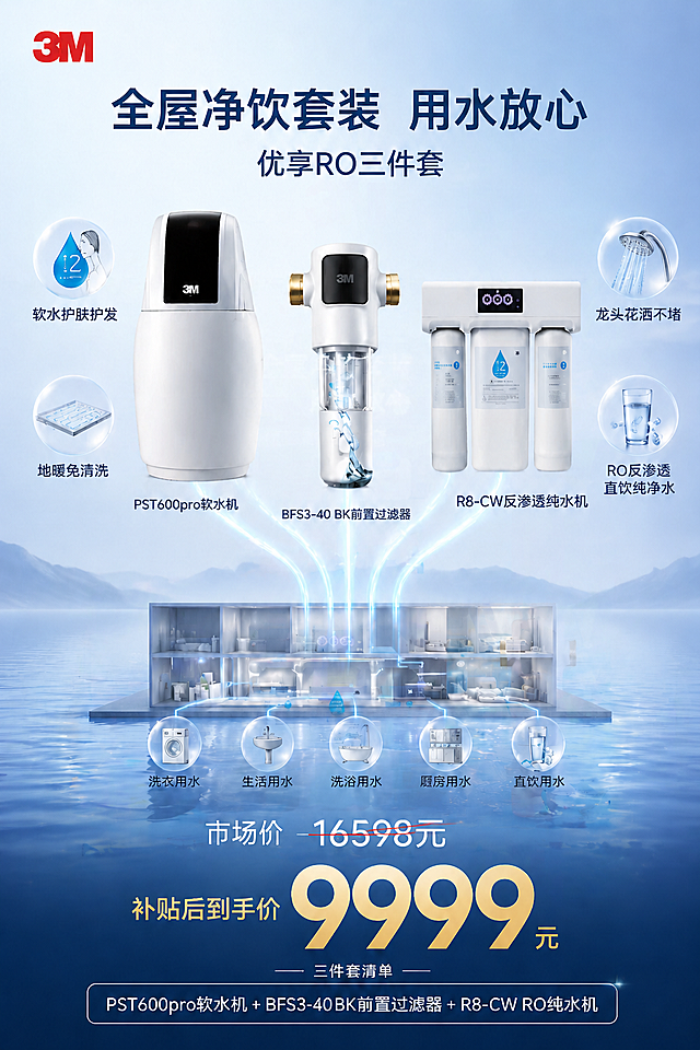 基于当前3M全屋净饮优享RO三件套促销海报，仅修改两处文字：将产品名称"VFS401-WM前置过滤器"改为"BFS3-40 BK前置过滤器"，将底部三件套清单里的"BFS3-40GL前置过滤器"改为"BFS3-40 BK前置过滤器"，保持其他所有内容、布局、产品图、价格、风格完全不变，整体保持A4竖版，8K超写实