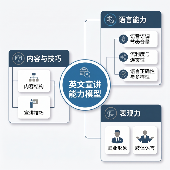 修改这张能力模型图，将"职业形象与肢体语言"拆分成两个独立的二级维度："职业形象"和"肢体语言"。所有文字都改为中文，保持原有的结构布局：中心为"英文宣讲能力模型"，三个一级维度分别是"内容与技巧"（预览效果