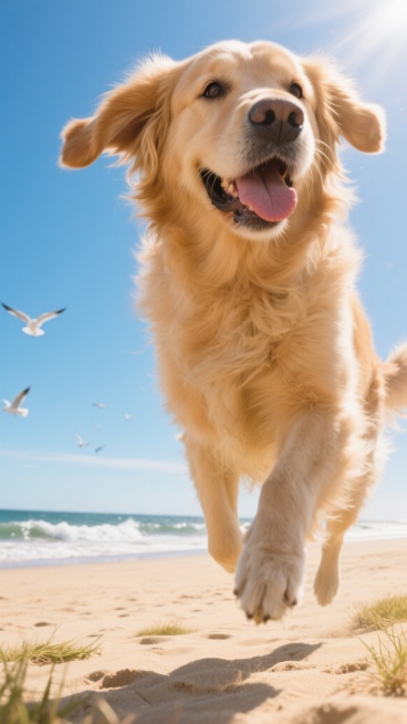 一只金毛寻回犬在广阔的金色沙滩上奔跑，阳光明媚，天空湛蓝，远处有翻滚的海浪和飞翔的海鸥，狗狗毛发蓬松金黄，舌头伸出，耳朵飞扬，姿态欢快活泼，充满动感，背景是明亮的自然光线，草地被替换为细腻柔软的沙滩，整体画面清新自然，充满活力与喜悦。预览效果