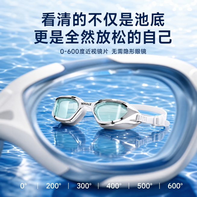 [主图-5] 近视度数规格展示
[氛围风格] 高级轻奢炫酷风，和整体风格统一，抖音电商主图
[画质] 商业摄影质感、光线通透、产品清晰真实、画面干净高级
[元素] 大镜片创意画中画构图，大镜片内部呈现预览效果