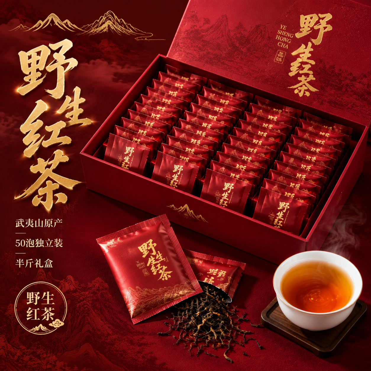 [主图-1] 首图点击率：突出野生红茶礼盒的高级质感与茶叶本身… - 图片创意预览