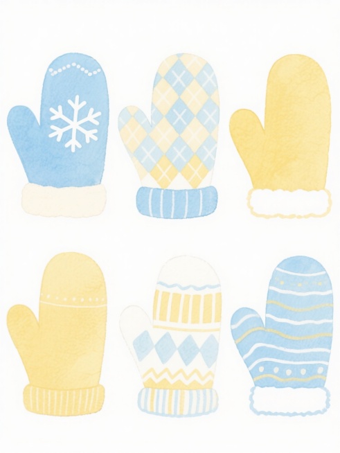 水彩风格插画，白色背景，六只不同款式、不同类型、不同样式的手套排列整齐，整体艺术风格为清新可爱的手绘水彩风，主色调以柔和的蓝色、黄色、白色为主，色彩和谐明快，光影运用柔和均匀，呈现出水彩特有的透明晕染质感和细腻笔触，构图采用对称平衡的布局，手套们大小均匀、间距一致地排列，每只手套都有独特的设计元素，如雪花图案、菱形花纹、条纹装饰等，线条圆润流畅，充满童趣，氛围欢快明亮，给人温暖可爱的感觉。预览效果