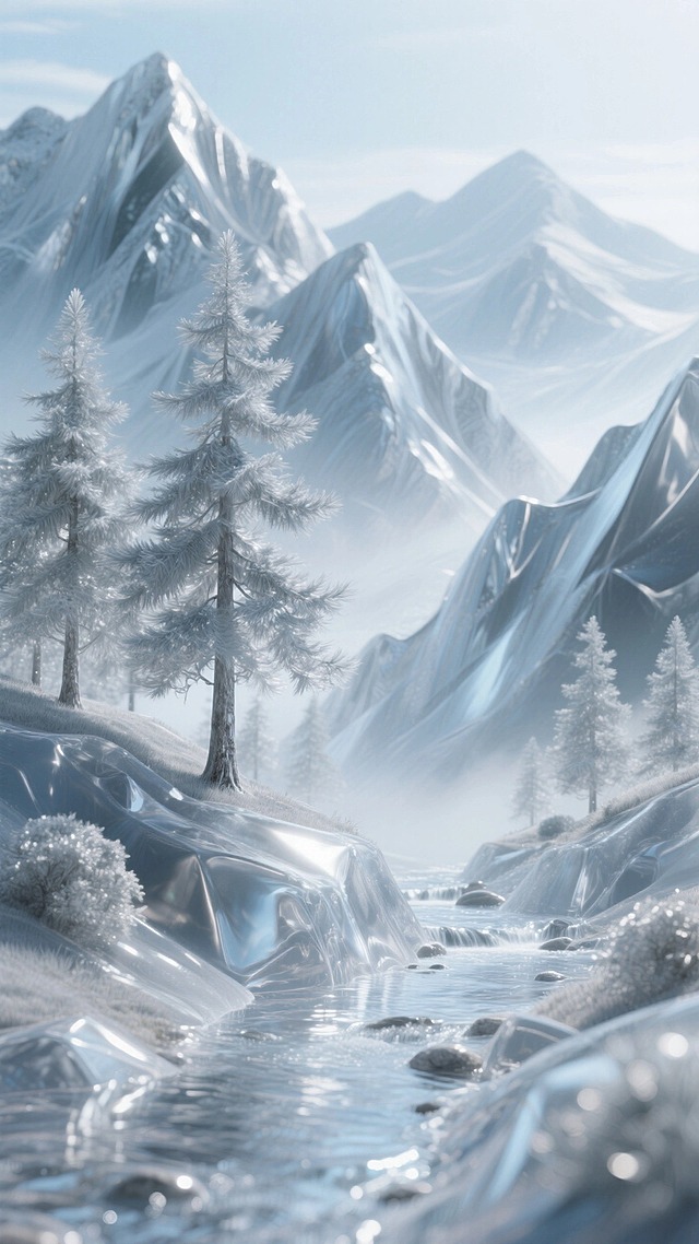 银色磨砂透明质感的群山、溪流、松树。超现实的明亮精致氛围