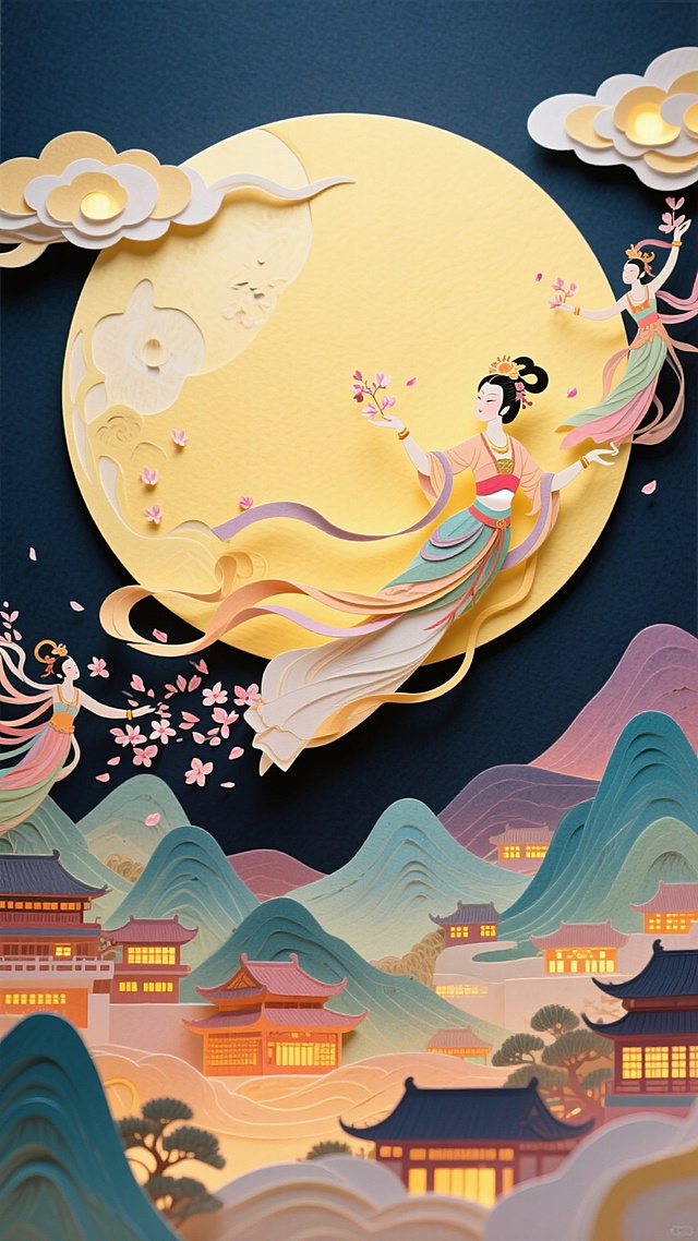撕纸风与剪纸风交织，中式古典美人翩跹于明月之上，浮雕质感的山川楼阁层叠如画，唯美浪漫，尽显中秋佳节的梦幻优雅。