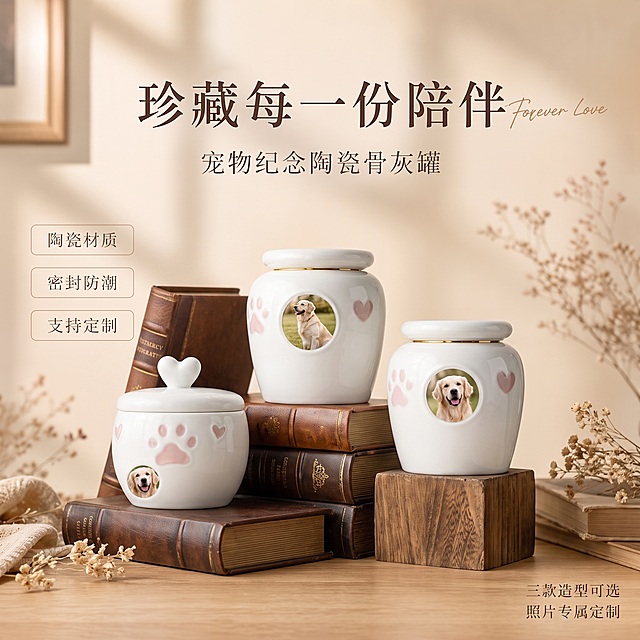 把这个图中的商品展示架子换掉，换成别的展示方式，再把3个罐子上的狗子图片统一换成金毛狗的图片