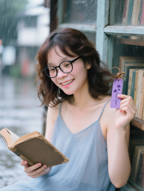 场景创意：社区旧书店窗边 · 雨天午后的一隅宁静
镜头从雨滴滑落的玻璃窗开始——水痕蜿蜒，在窗格上折射出模糊的街景与书架倒影。屋内暖黄台灯亮着，空气里弥漫着纸张、旧木与一缕若有若无的檀香。雨声淅沥，世预览效果