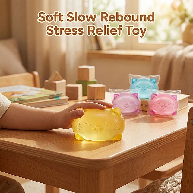 Maltose cat squeeze toy placed on warm home children's play table, child's hand gently pressing the toy, showing the soft rebound characteristics, warm home atmosphere, focus on the product interaction state, English copy: "Soft Slow Rebound Stress Relief Toy" placed at the top, light warm color matching, natural soft light, in line with Amazon cross-border main image aesthetics, product appearance consistent with the original image