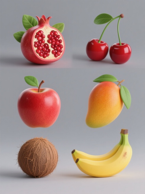 软3D风格，六个水果系列素材集合，细腻纹理呈现，均匀柔和无影光源，对称规整排布。左侧上方：饱满红石榴，带绿叶子与半开露红籽粒；右侧上方：鲜红色樱桃，带绿果柄与叶子；左侧中间：亮红色苹果，带绿叶子与果柄；右侧中间：橙黄色芒果，带绿叶子与果柄；左侧下方：椰子；右侧下方：黄色香蕉，带浅绿色果皮与香蕉柄，鲜艳色彩对比，新鲜诱人视觉，对称构图尽显规整。预览效果