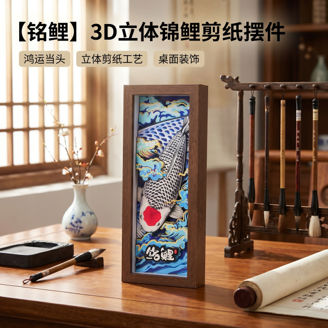 [主图 1] 空间氛围与单品呈现，3D立体锦鲤剪纸桌面摆件首图；
[氛围风格] 温馨居家生活感，国风国潮文创风格；
[画质] 商业摄影质感、光线柔和通透、产品清晰真实、画面干净高级。
[元素] 3D立预览效果