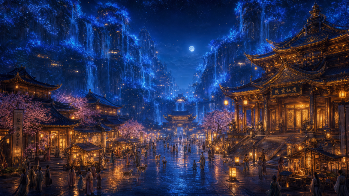 上古东方萤光仙府秘境，月夜下的千年雅集，史诗级中式美学场景，极繁主义细节，极致对称空间深邃纵深感，兼具静谧仙气与市井烟火气，对称纵深构图，以主殿与崖壁为引导线，强化从近景广场到远景萤光崖壁的多层级空间预览效果