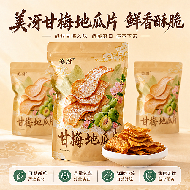 [主图-5] 美冴甘梅地瓜片 包装展示与服务承诺 转化下单主图。
[统一基调] 暖米杏色背景主调，国潮零食风，自然暖阳侧逆光，主标题用粗笔刷书法字深棕褐色，辅助文案用细黑体浅棕色，强调色用梅子青绿色，整体干净通透有食欲感，文字不遮挡产品主体。
[画面] 画面中央偏上位置摆放一袋完整的美冴甘梅地瓜片包装袋，正面朝向观众，品牌和品名清晰。包装袋前方放一只白色小碗，碗中堆着金黄地瓜片，展示开袋即食的状态。包装袋左右两侧可各放一袋同款包装（略微靠后虚化），暗示多包囤货装。背景为暖米杏色渐变，底部有淡淡的国潮祥云纹理装饰（低透明度）。画面下方设置半透明悬浮服务承诺条，画面上方放主标题。产品（包装袋+碗）占画面约65%。
[光影质感] 商业产品摄影质感，自然柔光从上方均匀照射，包装袋立体质感清晰，封口和材质细节真实，碗中地瓜片金黄酥脆有光泽，底部有柔和接触阴影，整体干净专业。
[配色] 背景暖米杏色渐变，主标题深棕褐色，辅助文字浅棕色，服务承诺条为半透明白色底+深棕色字，强调图标用梅子青绿色，整体色调统一。
[文字版式] 画面上方主标题粗笔刷书法字"美冴甘梅地瓜片 鲜香酥脆"。底部半透明悬浮条（两端留空不顶边）横向排列四个服务图标+文字："日期新鲜""足量包装""酥脆不碎""售后无忧"。品牌Logo保留在包装袋原位置。文字清晰不遮挡产品主体。
[输出要求] 比例1:1，文字清晰可读，包装袋外观与输入图一致，产品完整清晰，禁止变形、错字、模糊、杂乱、水印、平台Logo、悬浮感。