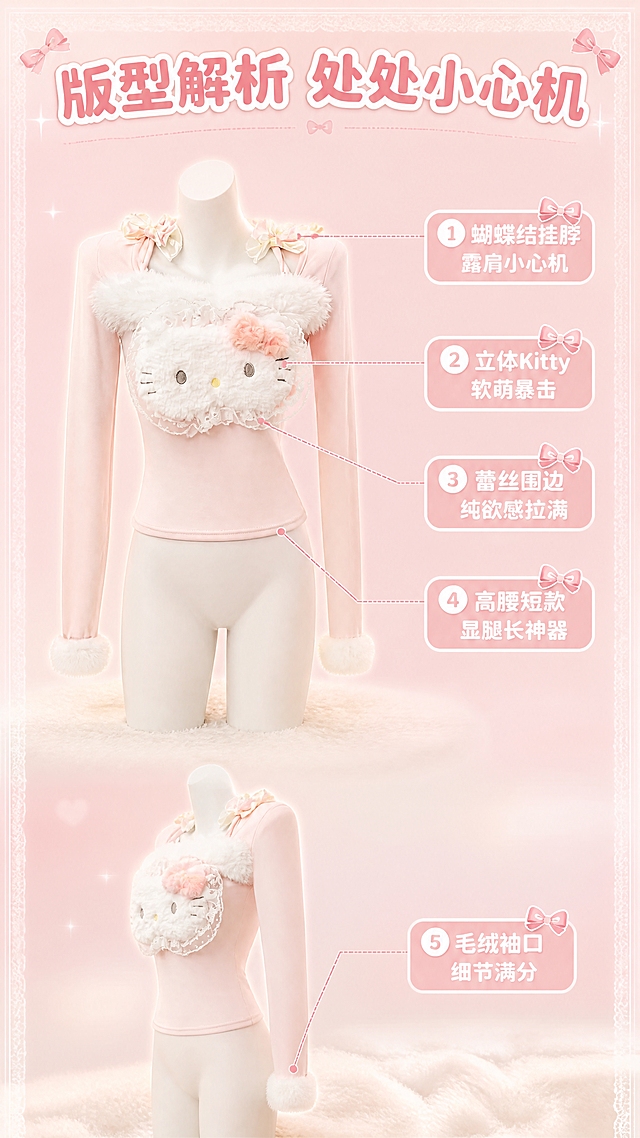 [商品] 使用【图1】浅粉色Hello Kitty毛绒挂脖长袖上衣；商品处理：保留Hello Kitty毛绒胸饰、粉色蝴蝶结、蕾丝花边、挂脖蝴蝶结肩带、袖口毛绒球、浅粉色面料、短款修身版型和长袖结构；自然去除面料褶皱，理顺垂坠，增强毛绒绒感、蕾丝纹理和面料质感，不改变版型、颜色和结构。
[画面] 目标：版型解析页，多角度展示结构亮点。构图：上方正面全身人台展示，下方左侧面展示，右侧引线标注。主体占画面70%，背景为浅粉色渐变，底部铺白色毛绒地毯承托。用细粉线从各部位引出标签，标注核心设计点。
[视觉] 套系策略：风格=甜美少女风商业摄影，粉白暖调软萌氛围感；标题字=圆润可爱粗体字，带轻微描边；正文字=简洁圆润无衬线体；主色=樱花粉；背景延展=基于樱花粉做深浅渐变、同色系柔化和细腻纱质/毛绒质感；强调色=奶白色，用于小面积图标、引线和标签装饰；标题色=深粉色渐变；正文色=暖灰色；组件=圆角粉色信息卡、蝴蝶结装饰引线、蕾丝边边框；光影=正面柔暖柔光，带梦幻光晕效果。
[文字] 顶部主标题："版型解析 处处小心机"；引线标注5处：1.挂脖蝴蝶结肩带（"蝴蝶结挂脖 露肩小心机"）；2.Hello Kitty毛绒胸饰（"立体Kitty 软萌暴击"）；3.蕾丝花边（"蕾丝围边 纯欲感拉满"）；4.短款修身（"高腰短款 显腿长神器"）；5.毛绒袖口（"毛绒袖口 细节满分"）。文字横向排版，标签用圆角粉色底白字。
[规格] 图片比例9:16竖版，分辨率4K，负向提示：避免变形、错字、文字过小、冷蓝背景、衣服颜色改变、版型失真、低俗擦边、极限词。