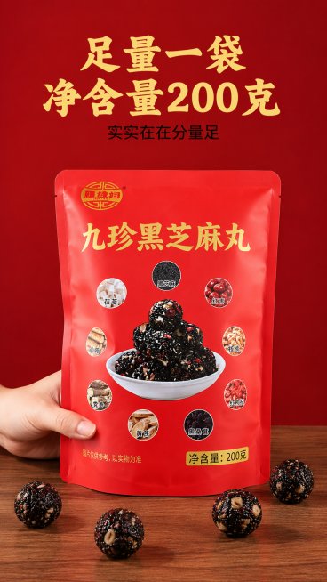 [第7屏] 整袋分量实拍，直观体现足量规格。
[氛围/风格] 真实产品展示，简洁直观，商业摄影质感。
[元素布局] 完整一整袋九珍黑芝麻丸平放在木质桌面上，手从画面左侧扶住包装袋底部，展示整袋完整外观预览效果